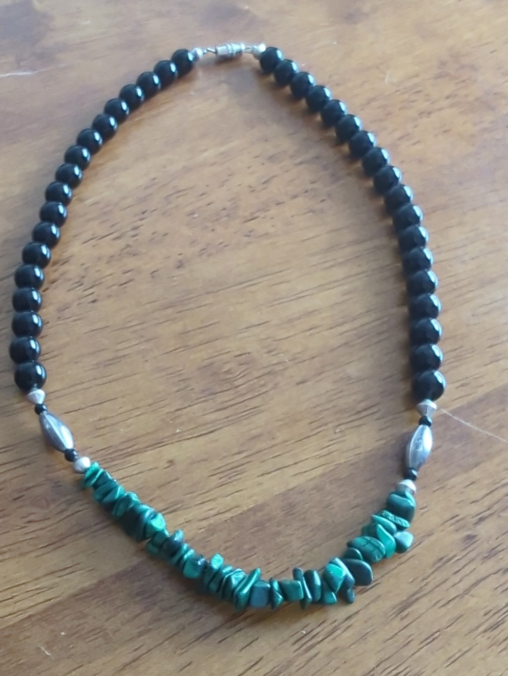 Source Unknown Black and Green Beaded Necklace with Silver Accents